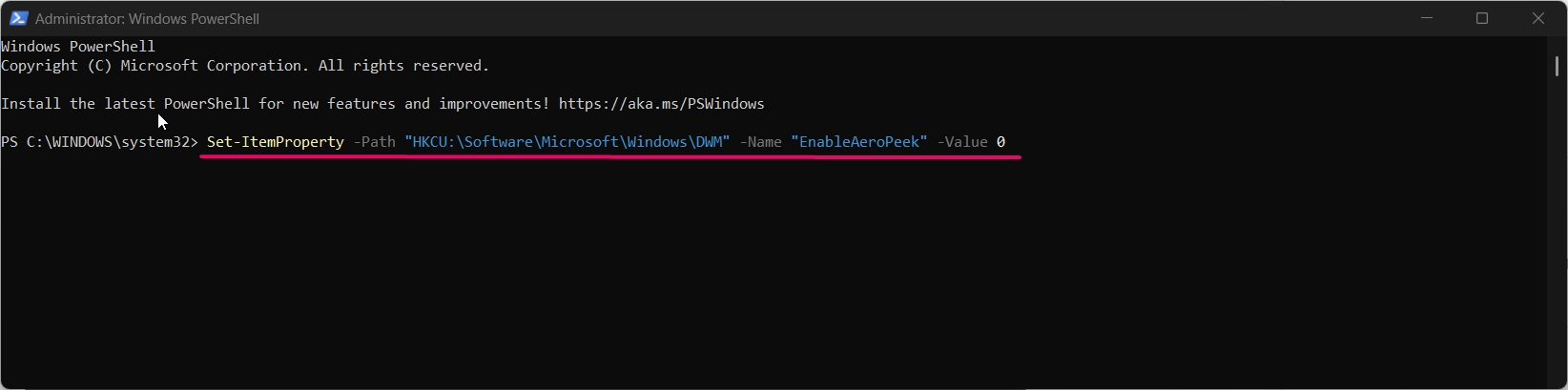 Command to disable peek in windows 11