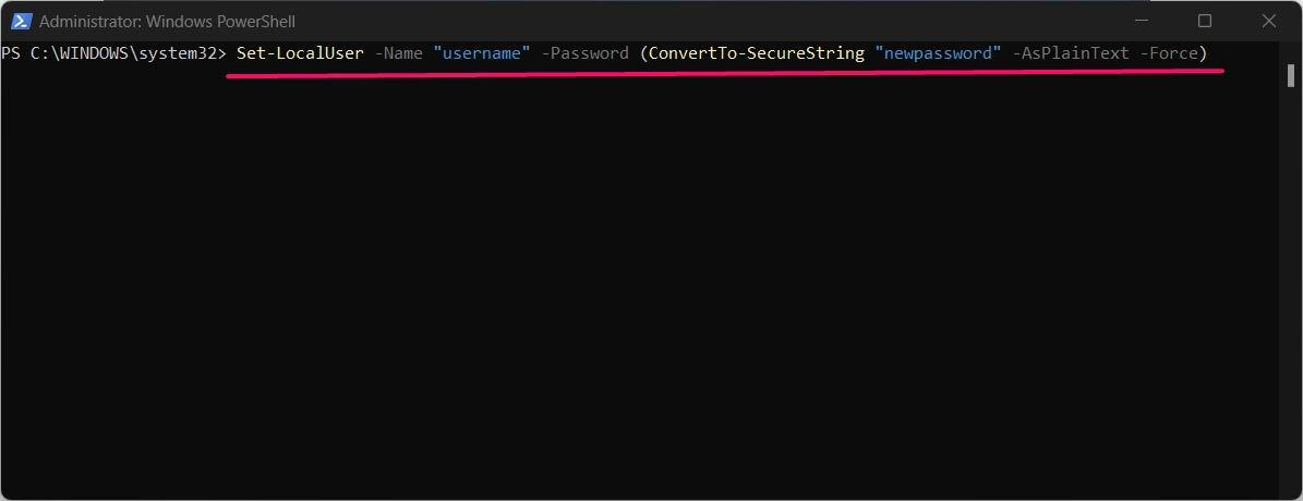 Powershell command to change or modify user account password