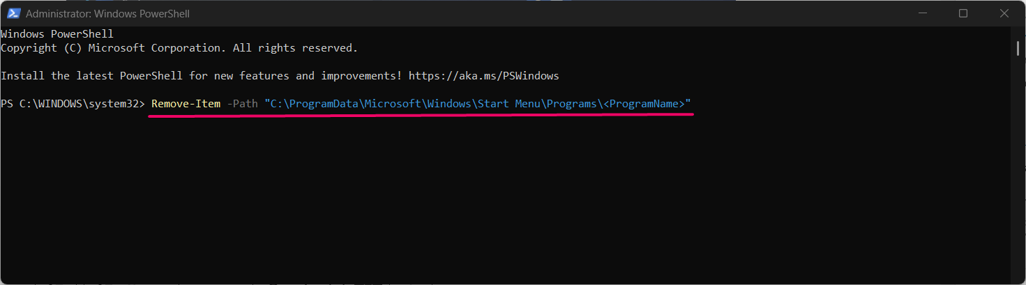 Command to remove program from start menu