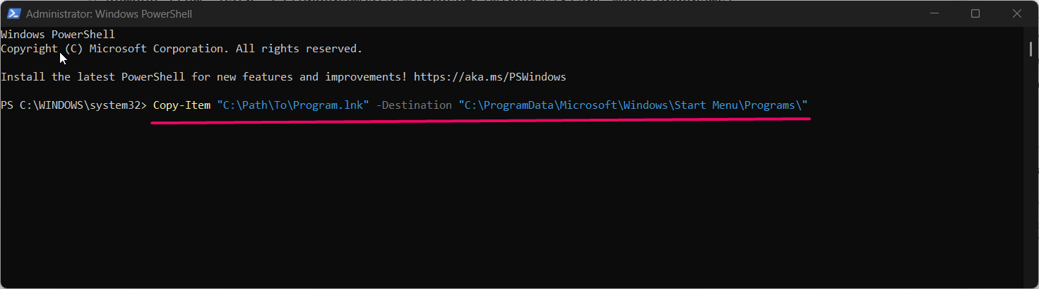 Command to add program from start menu