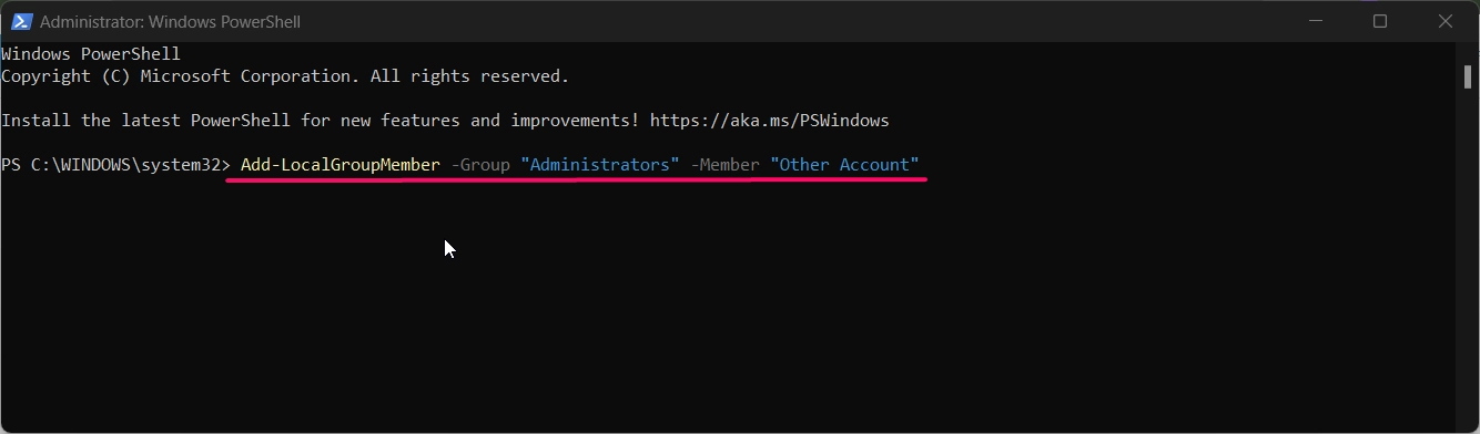 Command to convert account type to admin using powershell