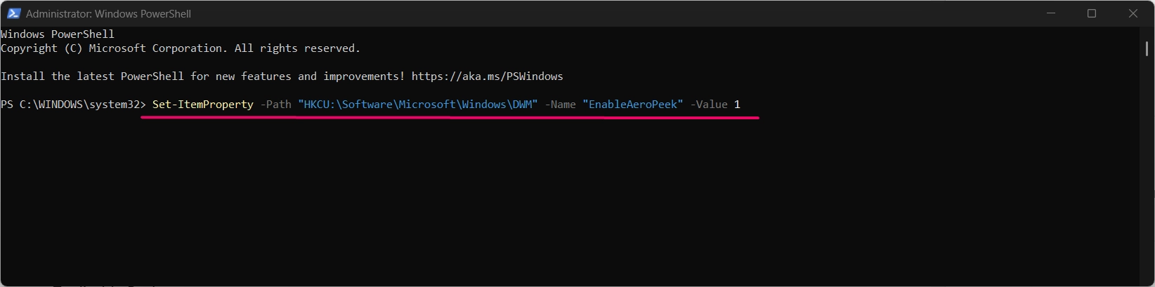 Command to enable peek in windows 11