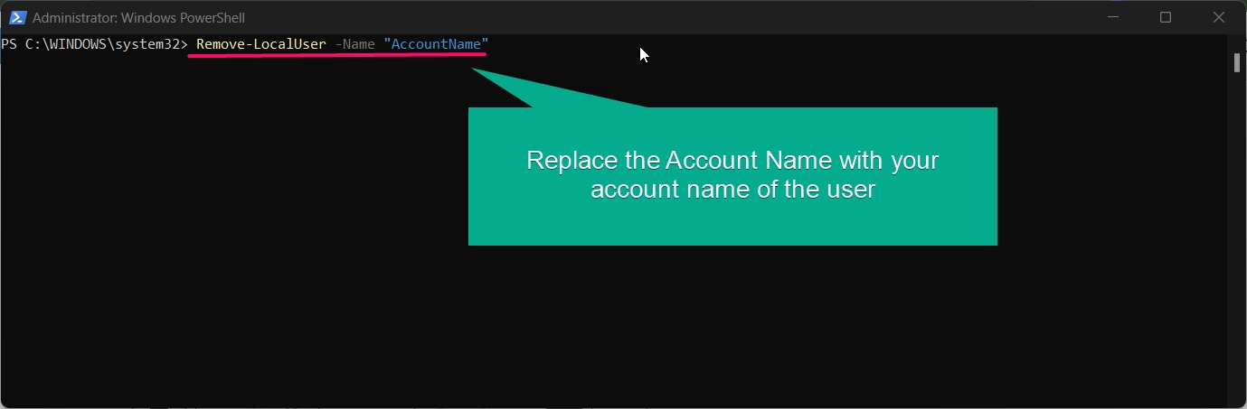 Replace the account name and execute the command to remove the connected user