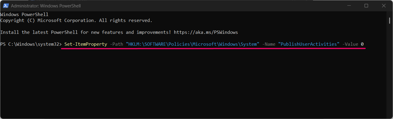 Command to disable sending activity history to Microsoft