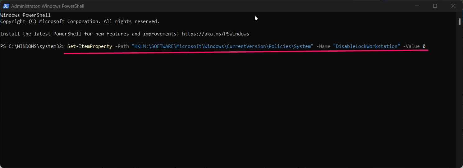 Powershell command to add lock option from start menu