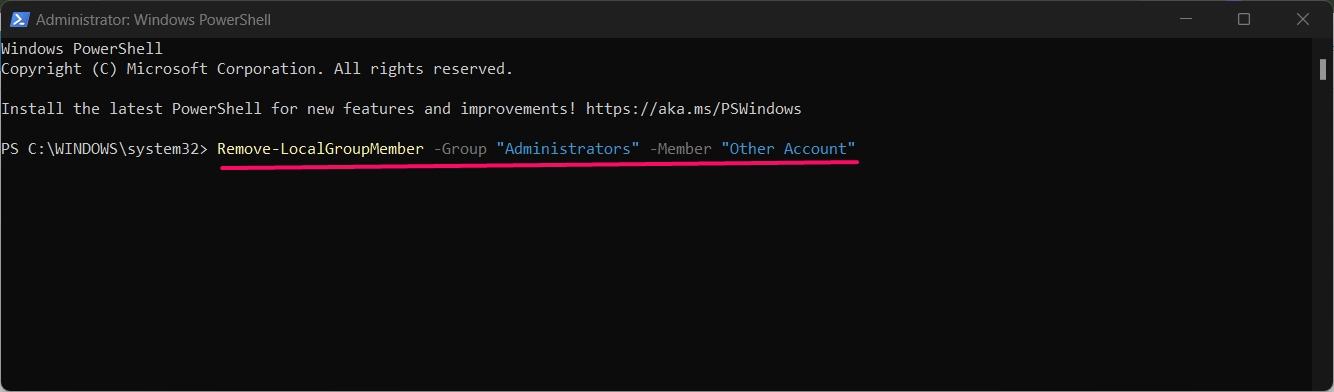 Command to convert account type to standard using powershell