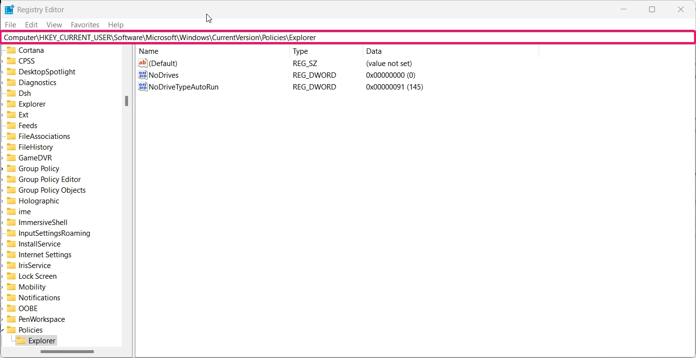 Navigate to the desired directory in registry editor