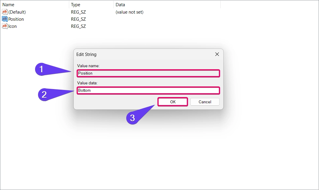 Create New String Value "Position and Enter Bottom as the Value"