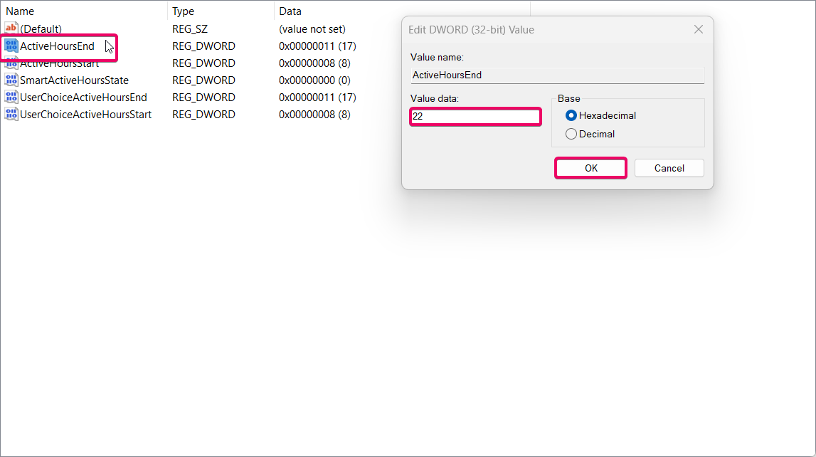 Setting Ending time in the Registry editor