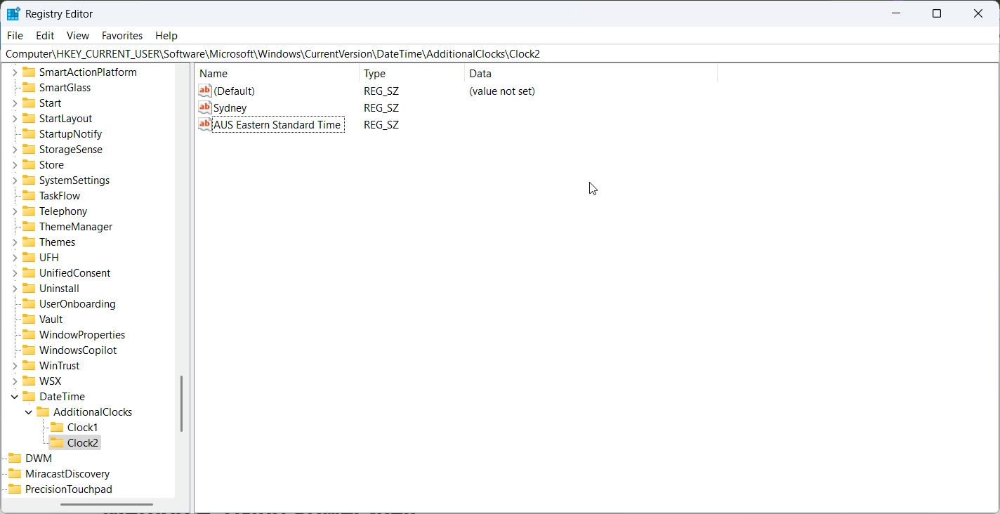 Setting the second additional clocks via registry editor